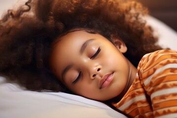 A cute little African child with curly black hair is sleeping on a bed. Close your eyes and have a small, prominent nose. world sleep day concept - generative ai