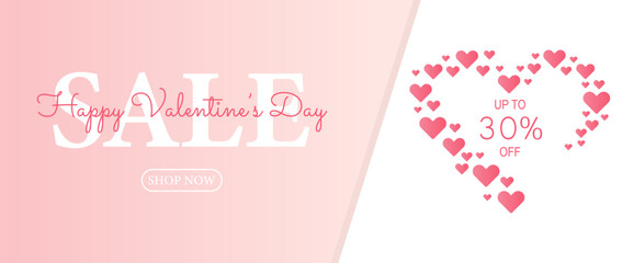 Poster or banner Happy Valentine's day.  Background for sale with hanging hearts. Discount up to 30%. Happy Valentine's day. Header or voucher template with  hearts.