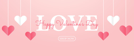 Poster or banner Happy Valentine's day.  Background for sale with hanging hearts.Happy Valentine's day header or voucher template with hanging hearts.