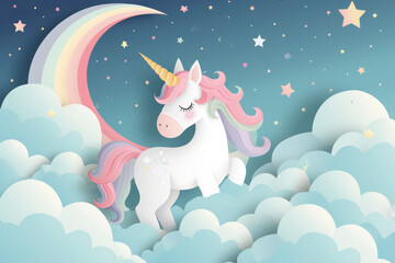 Obraz na płótnie Canvas Unicorn in paper art style with various cute icons vector illustration set a lovely greeting card with a hand drawn unicorn among stars and fluffy clouds