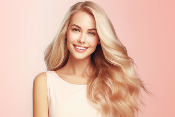 A radiant portrait of a smiling young woman, featuring long, blonde groomed hair against a soft pastel background, capturing the essence of youthful charm.
