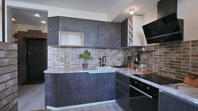 standard room interior apartment. view kind of decor home decoration. kitchen and dining room, refectory area, cooking equipment, table furniture, stove