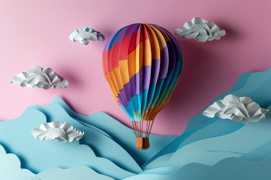 Origami made colorful hot air balloon and cloud.paper art and digital craft style.