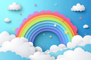 Rainbow vector illustration. The sky is clear with rainbow and bright clouds in the summer banner background. Paper cut