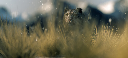 Snow leopard between tall grass in snowstorm.