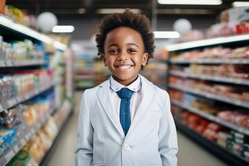 Fototapeta premium a happy african american child boy seller consultant on the background of shelves with products in the store