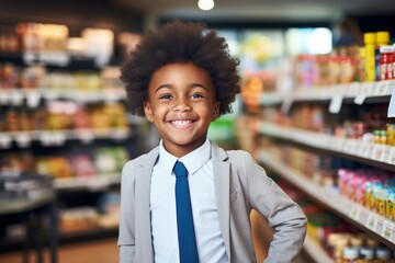Fototapeta premium a happy african american child boy seller consultant on the background of shelves with products in the store