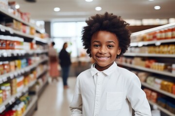 a happy african american child boy seller consultant on the background of shelves with products in the store