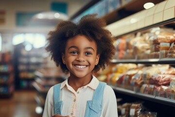 a happy african american child boy seller consultant on the background of shelves with products in the store - obrazy, fototapety, plakaty