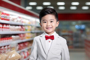 a happy asian child boy seller consultant on the background of shelves with products in the store