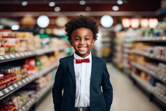 a happy african american child boy seller consultant on the background of shelves with products in the store