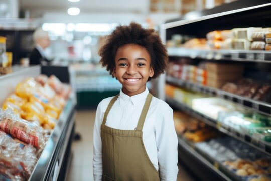 A Happy African American Child Boy Seller Consultant On The Background Of Shelves With Products In The Store