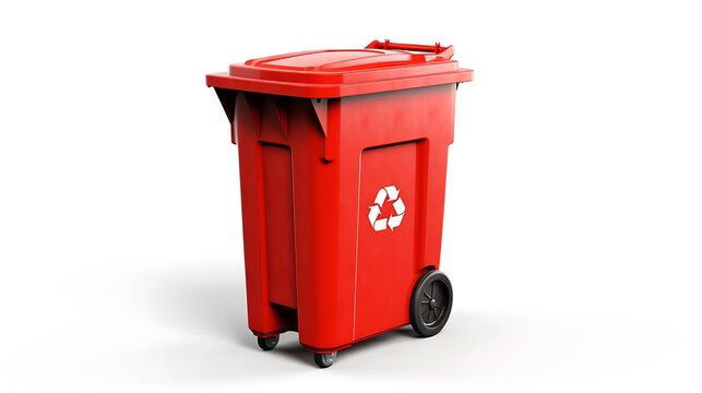 3D rendering of a red recycling bin isolated on a white background