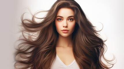 Fototapeta premium Portrait of a beautiful young teenager woman stylish long hair isolated on white background. 