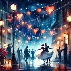 Romantic, man and woman, night, dance watercolor style illustration AI