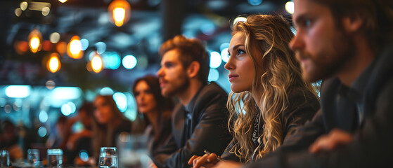 The female employee is striking a pose, attentively listening during the meeting, The photograph captures the meeting.