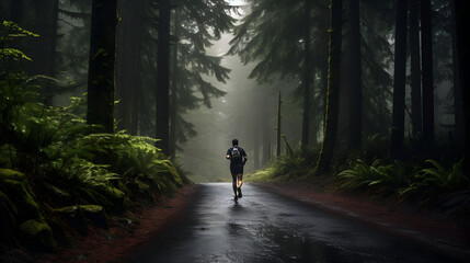 Athlete runner doing forest trail in the rain