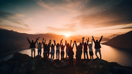 Group of people have fun in success, happy pose of people with raised arms on mountain top against sunset lakes and mountains