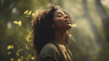Black woman breathes fresh air in the forest