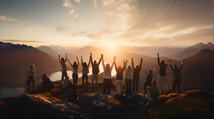Group of people enjoying in success, happy pose of people with raised arms on mountain top against...