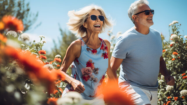 Happy senior couple explores nature by bike on sunny day
