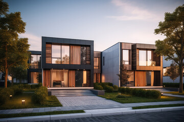 The beauty of modern urban living, features a chic modular private townhouse with a simple yet sophisticated exterior.