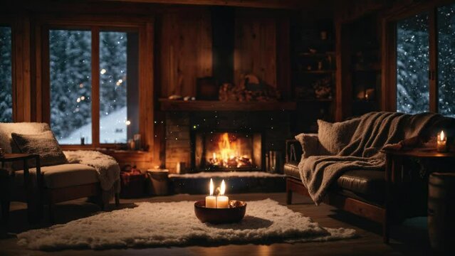 Cozy living room of a winter cabin, lit fireplace warm throw, blankets on sofa, chimney place inside wooden cabin, snowfall outside the window