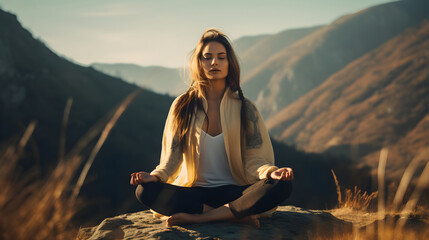 Young woman doing yoga outdoors. Background of beautiful mountains