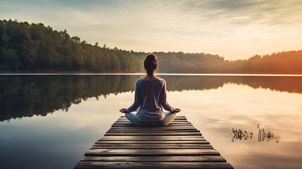 Young woman meditating on a wooden pier on the edge of a lake for improving focus - obrazy, fototapety, plakaty