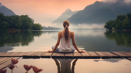 Young woman meditates on a wooden pier on the edge of a lake for improving focus - obrazy, fototapety, plakaty