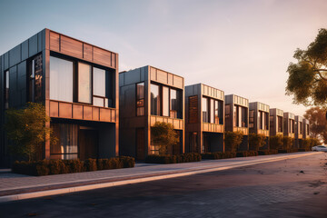 The tranquility of modern city living, stylish modular townhouses with a minimalist and elegant architectural exterior.