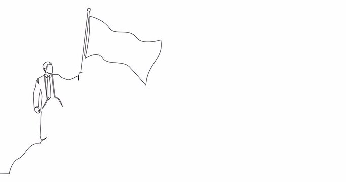 Self drawing line animation businessman holding flag continuous one single line drawn concept video