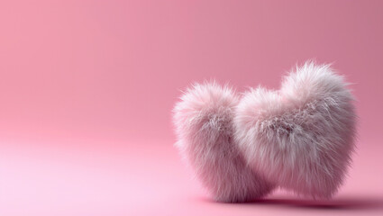 Several colorful fur hearts. Fur heart shapes on pink background, denoting love and care. Valentine's Day and happines.