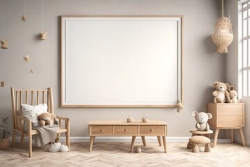 Mock up frame in children room with natural wooden furniture, Farmhouse style interior background, 3d render 