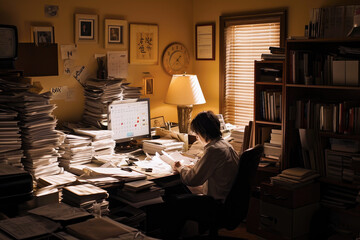 A worker in a cluttered office surrounded by towering stacks of paperwork and documents, working diligently at a desk. - obrazy, fototapety, plakaty