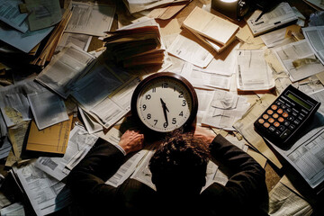 An overworked professional surrounded by scattered papers and a clock, highlighting the stress of...