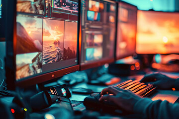 A photo editor's workspace with multiple monitors displaying vibrant digital imagery and editing tools.