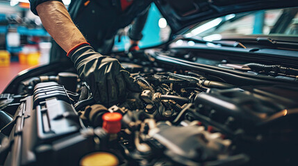 Auto mechanic checking for engine problems - obrazy, fototapety, plakaty