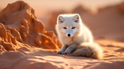 Arctic fox with its distinctive white fur sits against desert landscape, unusual habitat for such an animal in background The warm, soft light of setting or rising sun. Climate change. Global warming