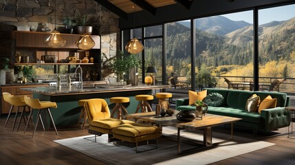 Fototapeta premium Modern mountain home interior living room kitchen