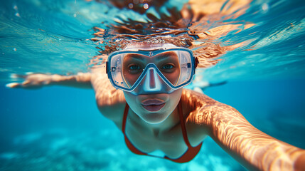 Naklejka premium Beautiful Young Woman Snorkeling and Diving in Clear Water at the Beach