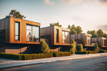 Fototapeta na wymiar The blend of luxury and sustainability in these sleek modular townhouses, accentuated by elegant wooden cladding in a modern neighborhood.
