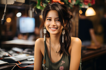 Fototapeta na wymiar Smiling young Asian female barista at cafe