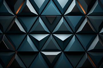 Fototapeta na wymiar Futuristic, High Tech, dark background, with a triangular block structure. Wall texture with a 3D triangle tile pattern. 3D render