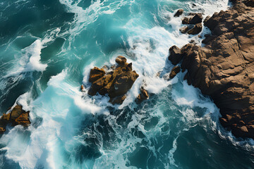 Aerial view of the ocean rocky shore.
 - obrazy, fototapety, plakaty