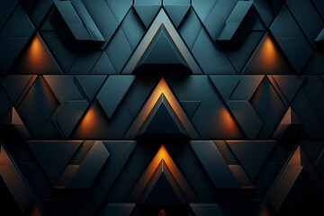 Futuristic, High Tech, dark background, with a triangular block structure. Wall texture with a 3D triangle tile pattern. 3D render