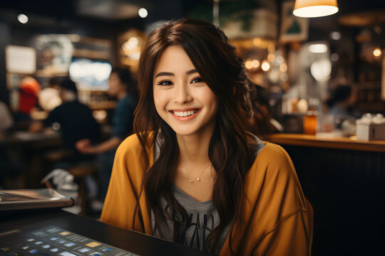 Smiling young Asian female barista at cafe