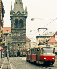 Tram at old street in Prague