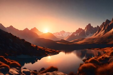 Fototapeta na wymiar sunset on mountains 3d render