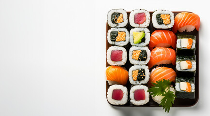 Directly above set of maki sushi and sushi rolls on brown square plate on white backdrop.